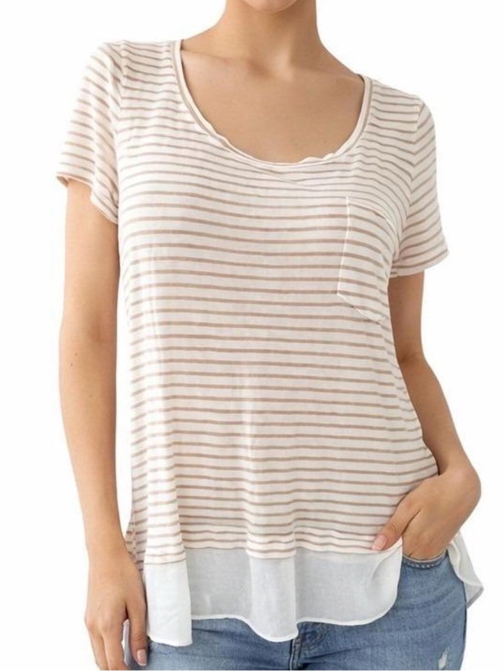 White House Black Market Beige and White Striped Short-Sleeve Tunic